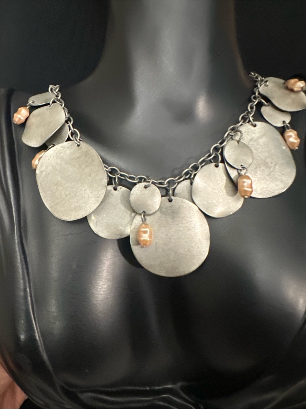 Silver Disc vintage Statement Necklace with Peach Bead Accents